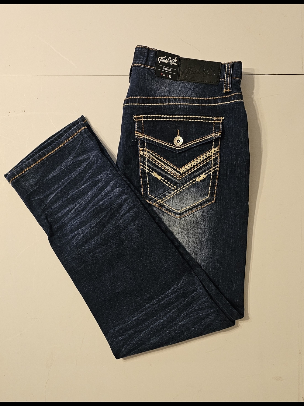 True Luck Men`s  Blue Jeans Straight Stretch Medium Wash Embroidered 34x30